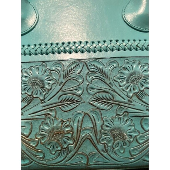 Alexandro Yeo Mexican Leather Tooled Embossed Turquoise Tote Braided Handle - Picture 14 of 16